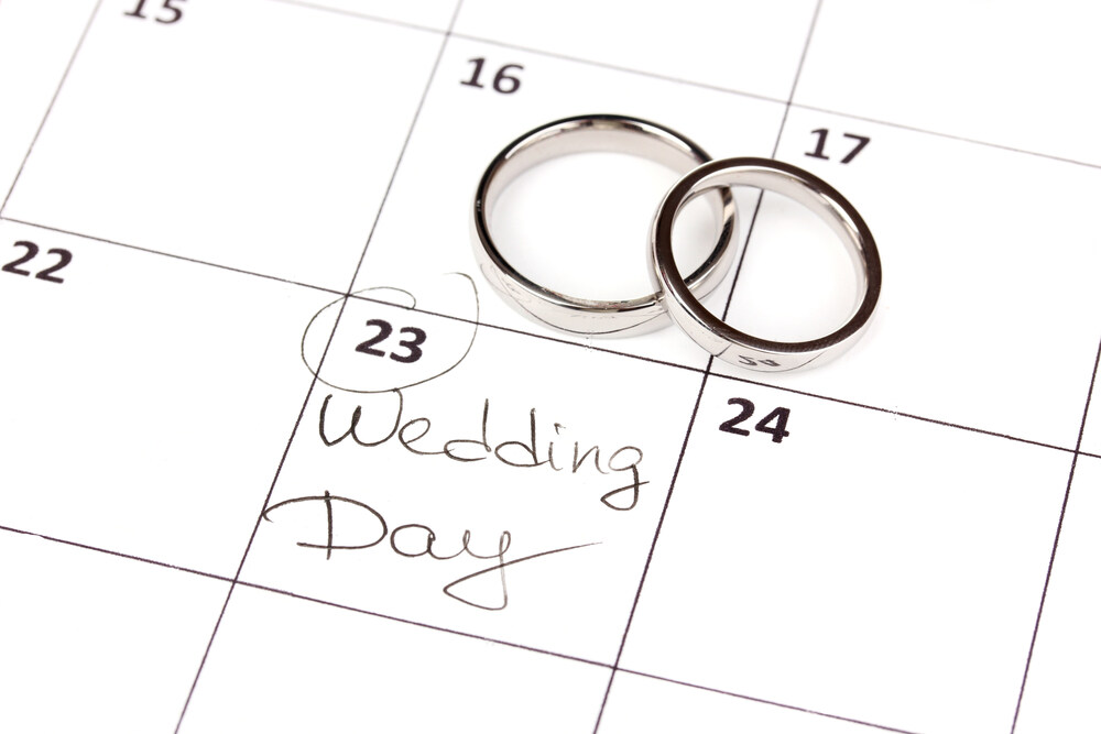 Two simple wedding bands sit on top of a calendar above a box labeled ‘wedding day’