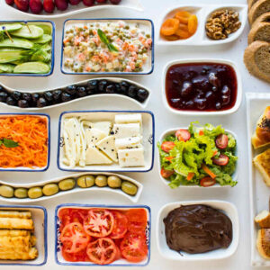 An aesthetic Turkish-style buffet spread 