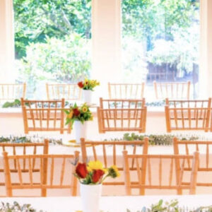 Tables set up at a wedding rehearsal dinner 